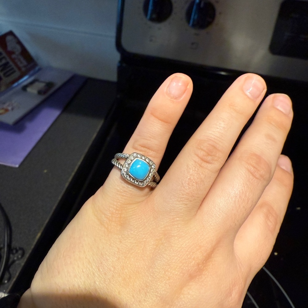 David Yurman Blue Turquoise Cable Ring with Diamond Halo - Picture 3 of 4